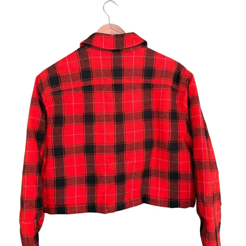 J.Crew Crop Puffer Jacket M Red Buffalo Check Plaid BV699 Black Western Prep